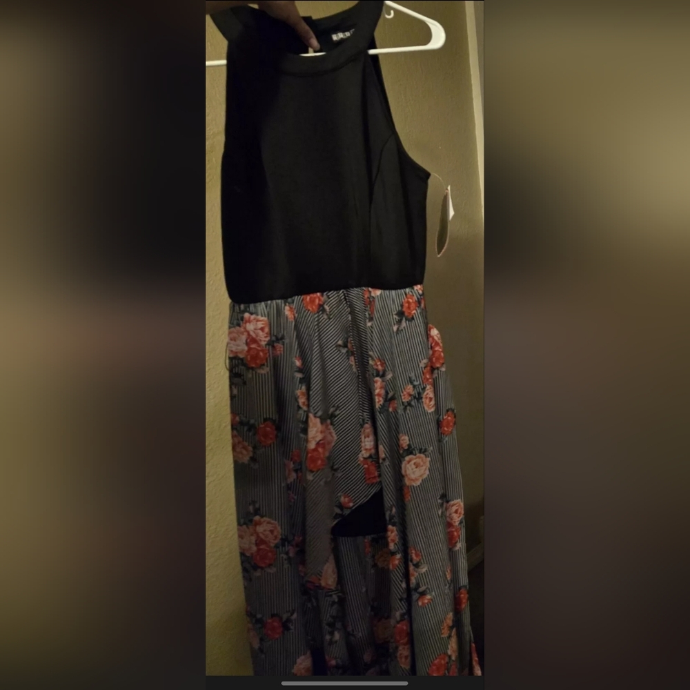 Black Floral Striped Sleevless High Low Dress Romper